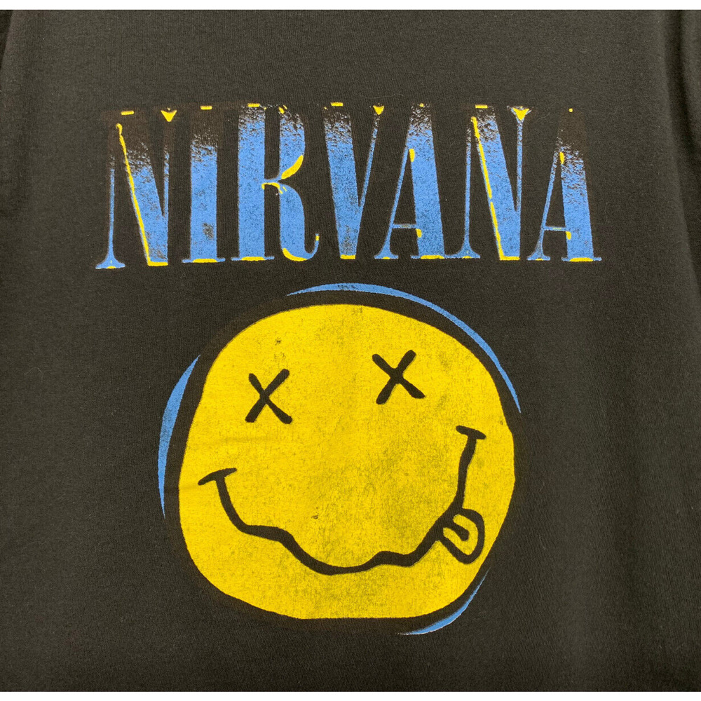 Nirvana Women size M Black Smiley Face Blue Logo T-Shirt Promo Retro - Picture 2 of 6